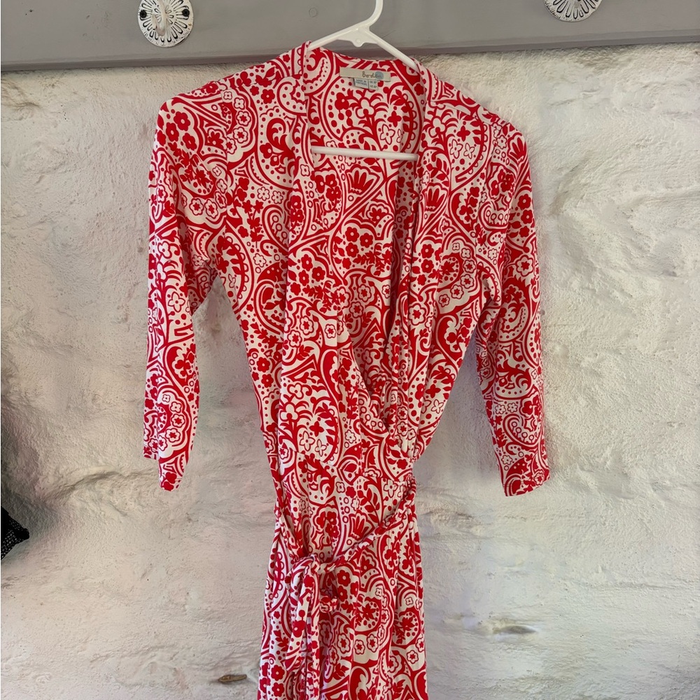 Red and White Patterned Long Wrap Dress